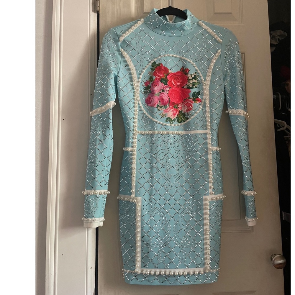 Baby Blue bedazzled pearl mini dress size small